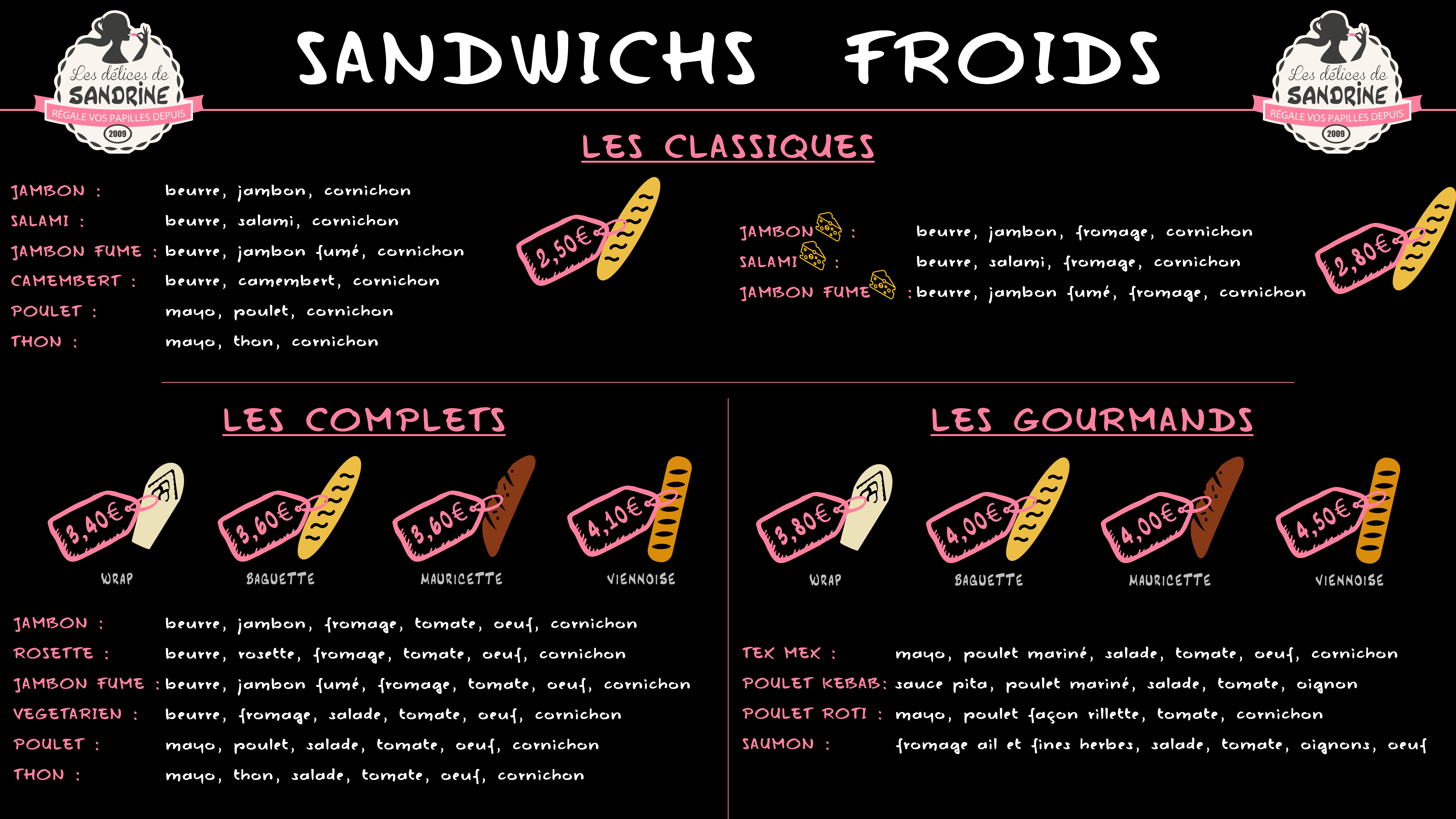 Carte des différents sandwichs froids proposer